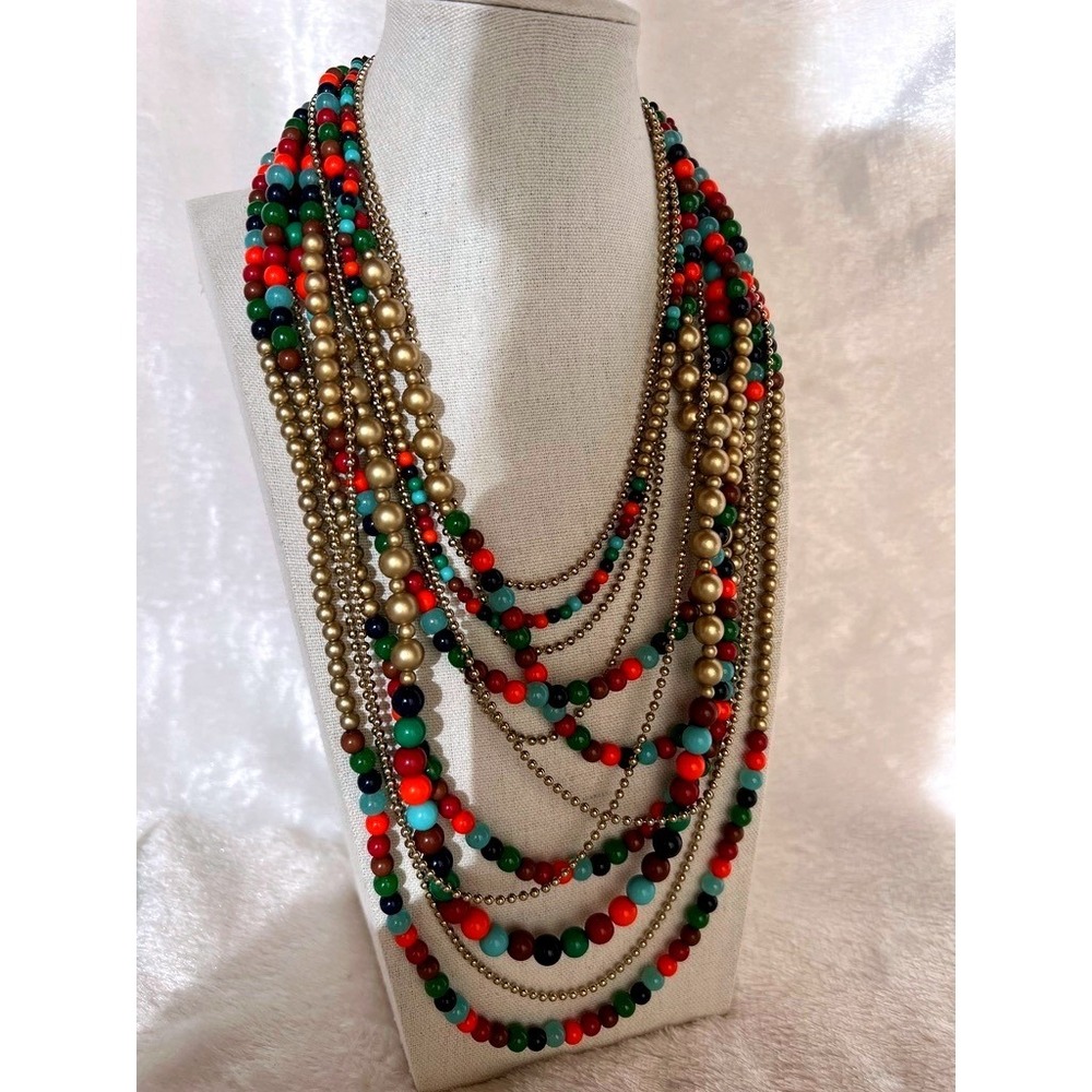Multistrand Beaded Necklace Gold Amrita Singh Layered Statement Chunky Colorful - Picture 2 of 16